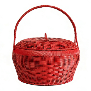 手工编织手提菜篮子带盖红色购物篮喜庆大号拜神篮结婚箩筐