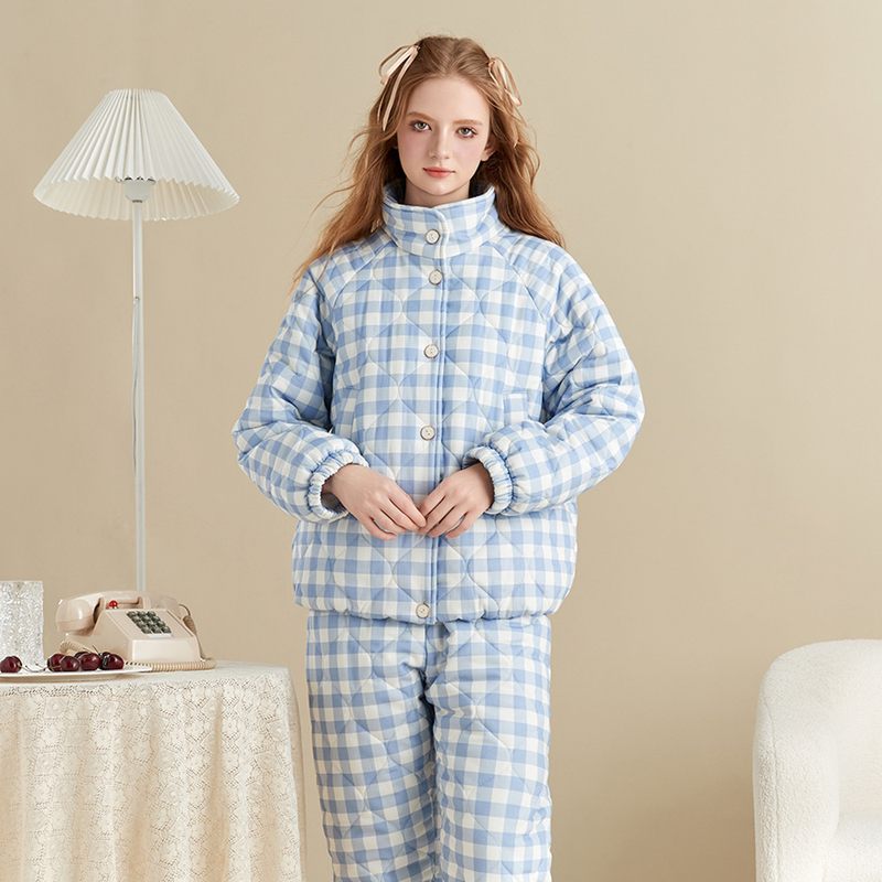 三层夹棉加厚套装绗新品女服睡衣保暖棉棉衣外出家居服秋冬零下省