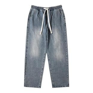 GOGOSOON抽绳牛仔裤男380g新款2025春秋直筒宽松松紧腰带系绳长裤