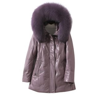 海宁皮衣女中长连帽狐狸毛领绵羊皮羽绒中年加大码新款真皮外套