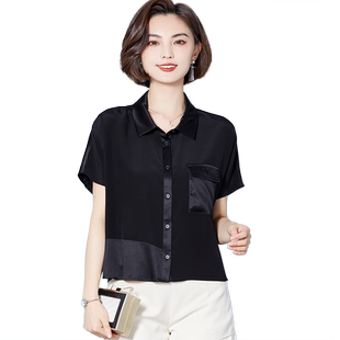 重磅真丝绸衬衫女2026夏新款短袖宽松显瘦拼接纯色100%桑蚕丝上衣
