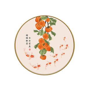 柿柿如意九鱼图新中式入户玄关过道装饰画圆形柿子客餐厅墙壁挂画