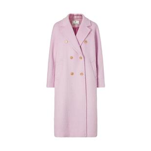 MOISSAC摩萨克春法式粉紫色长款双排扣毛呢大衣外套女