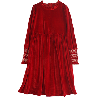 法式复古生日礼服裙子女童金丝绒连衣裙2026秋冬款女孩红色拜年服