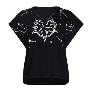 朋克黑色t恤女短袖V领宽松个性ins夏季设计感夏装上衣印花宽松T恤