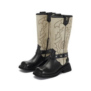 李一桐同款|SUGARSU酥履 秋冬新款西部复古刺绣中筒骑士长靴女