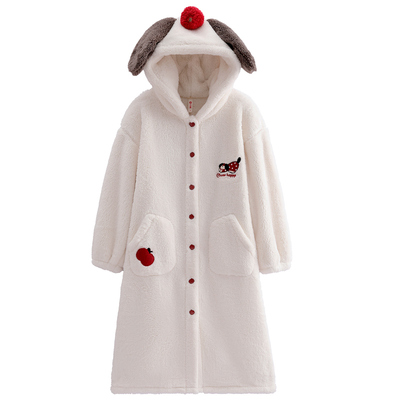 芬腾女士秋冬睡袍珊瑚绒可爱连帽长款睡衣裙加绒加厚抗静电家居服