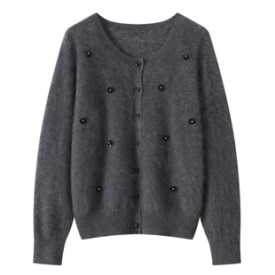 华贵气质~秋冬新款100纯山羊绒针织开衫圆领拉绒珠片减龄外套