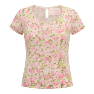 yeye by b.Fleurs新款法式复古风圆领玫瑰花印花修身针织短袖上衣