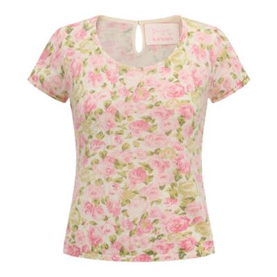 yeye by b.Fleurs新款法式复古风圆领玫瑰花印花修身针织短袖上衣