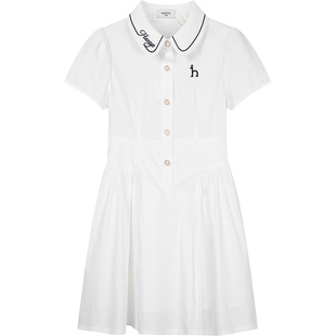 hazzys哈吉斯童装女童裙子夏季新品中大童翻领泡泡袖半袖连衣裙
