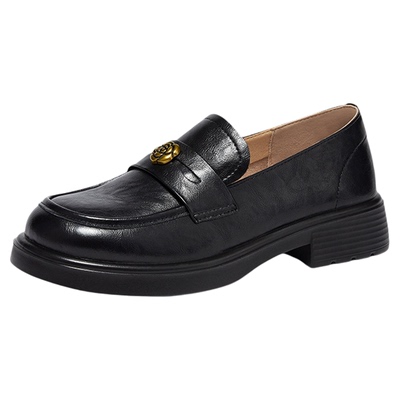 达芙妮黑色粗跟山茶花通勤乐福鞋