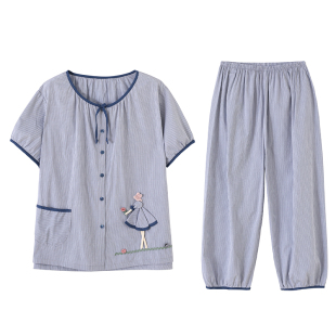 夏季睡衣女款2026新款梭织纯棉短袖七分裤套装条纹家居服中年妈妈