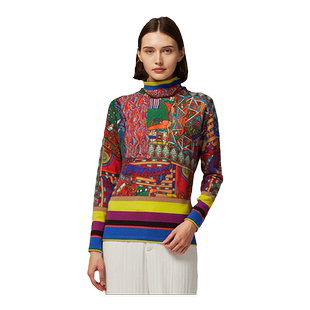 圣雪绒2019秋冬新品羊绒衫女士自由领装饰主义风格多彩印花针织衫