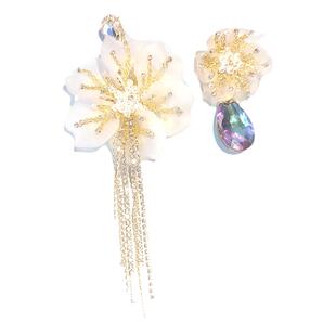 甜美耳饰仙绿镶嵌大花朵耳环女不对称长款耳坠女925银针耳钉耳夹