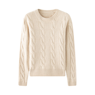 2025秋冬新款山羊绒衫女圆领加厚扭花毛衣纯色简约保暖毛衣打底衫