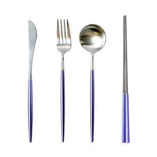 北欧风ins网红紫色304不锈钢西餐刀叉勺筷四件套牛排餐具套装全套