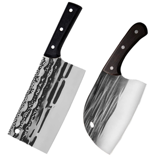 手工锻打斩切两用山水纹木柄家用厨房菜刀刀具切菜切肉锤纹砍骨刀