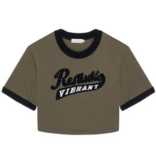 REVAN芮范设计师款高级感墨绿仿貂毛边T恤RN71001002