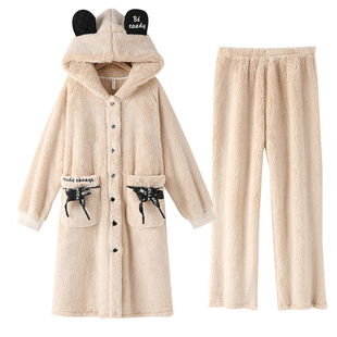 睡衣女冬季珊瑚绒加厚加绒女款秋冬法兰绒睡袍冬款家居服两件套装