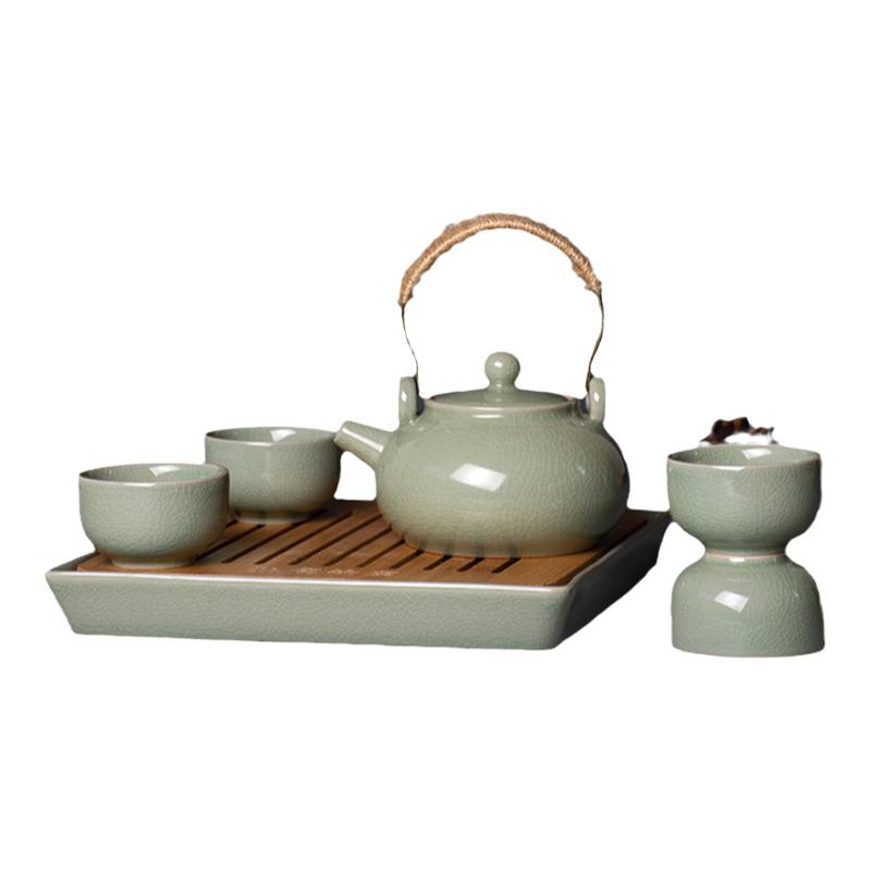 弘宝汝窑旅行茶具茶杯套装伴侣茶组一壶四杯茶盘便携侧把茶具汝瓷