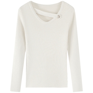 慕兔韩系修身内搭打底衫毛衣女2025秋季新款v领长袖针织镂空上衣