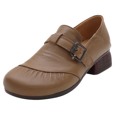 羊皮粗跟乐福鞋女春秋软底单鞋软皮舒适妈妈鞋百搭不累脚防滑皮鞋