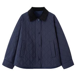 画风drawwind秋冬季巴恩风菱格羊毛棉衣女小个子拼色翻领保暖外套