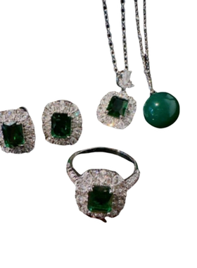 光芒花瓣祖母绿宝石项链 古董感 镀18K金 孔雀绿花瓣锆石耳环套装