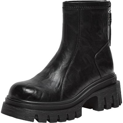 百思图25冬商场新款高跟粗跟女加绒短靴厚底增高马丁靴F6012DD5