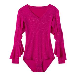 拉丁舞上衣女春成人新款高级荷叶长袖跳舞服摩登交谊广场连体专用