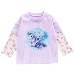 女童假两件防晒T恤冰丝长袖女宝宝爱莎公主衣服儿童亮片变色上衣
