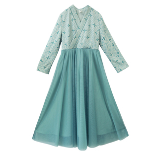 7折【西梦令】复古中式大摆连衣裙女冬季汉服领印花拼接网纱长裙