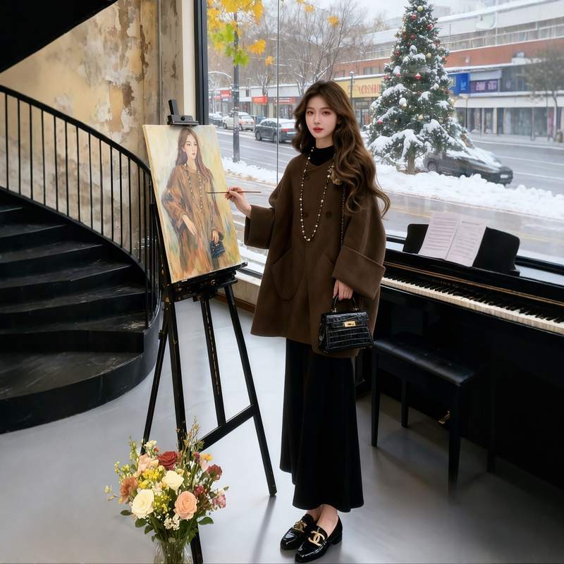 冬季穿搭一整套大码胖mm斗篷毛呢外套半身裙复古巨好看两件套装女