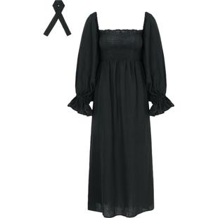 【折扣】Sleeper 女露肩亚麻中长连衣裙小黑裙