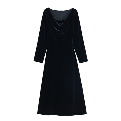 缪斯美神荡领丝绒连衣裙长裙