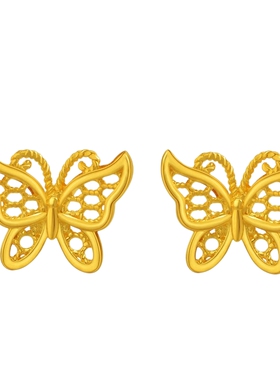 老庙黄金足金花丝蝴蝶耳钉5G