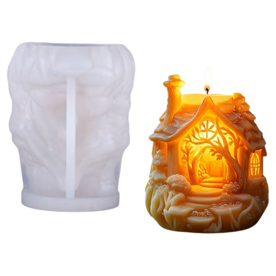 树屋香薰蜡烛硅胶模具DIY手工童话森林小屋蜡烛立体建筑硅胶磨具