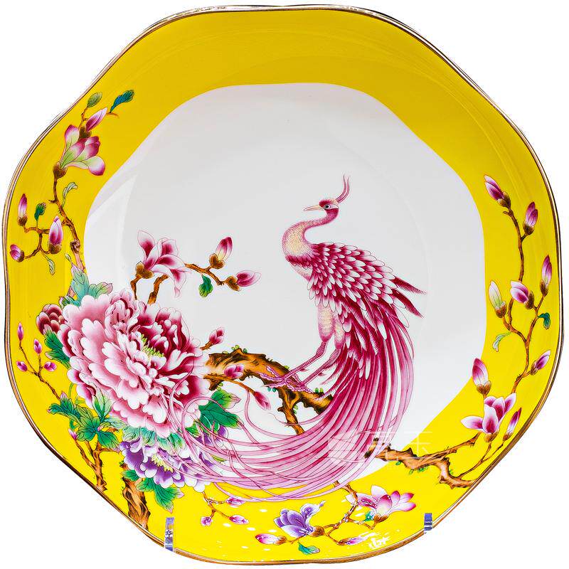 亮玉珐琅彩骨瓷花边形深盘饭盘