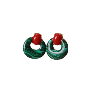 ENIMOL意大利沙丁红珊瑚孔雀石圆环耳环925银镶嵌女小众设计耳饰