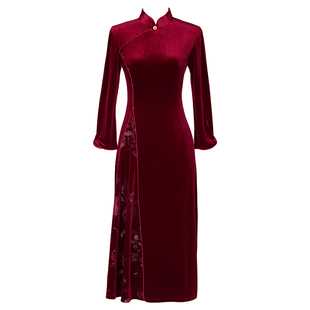 连衣裙秋冬金丝绒红色奥黛旗袍女中长款妈妈婚宴装礼服敬酒服喜服