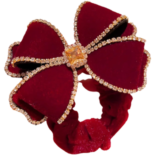 儿童新年发绳红色植绒蝴蝶结大肠发圈水钻高级感头绳女孩过年头饰