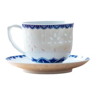 玲珑瓷马克杯咖啡杯碟陶瓷燕麦杯水杯景德镇青花瓷牛奶杯早餐杯