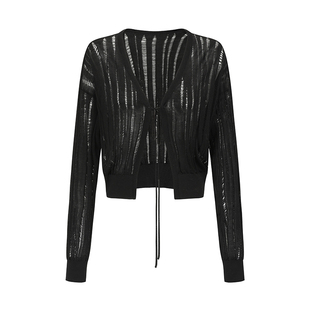 OUDE WAAG 优雅真丝纱条纹肌理V领系绳针织开衫外套