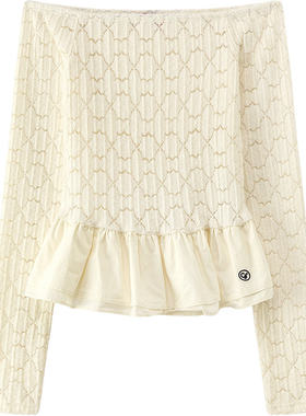CHUU露肩一字领T恤女士2026春秋新品荷叶边收腰钩花镂空长袖上衣