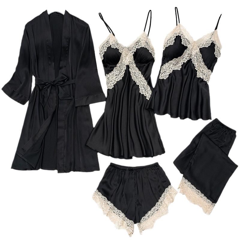 睡衣女春夏冰丝薄款五件套性感吊睡衣/家居服套装