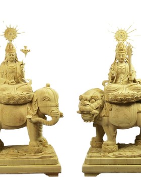 仿古佛像文殊普贤菩萨木雕彩绘