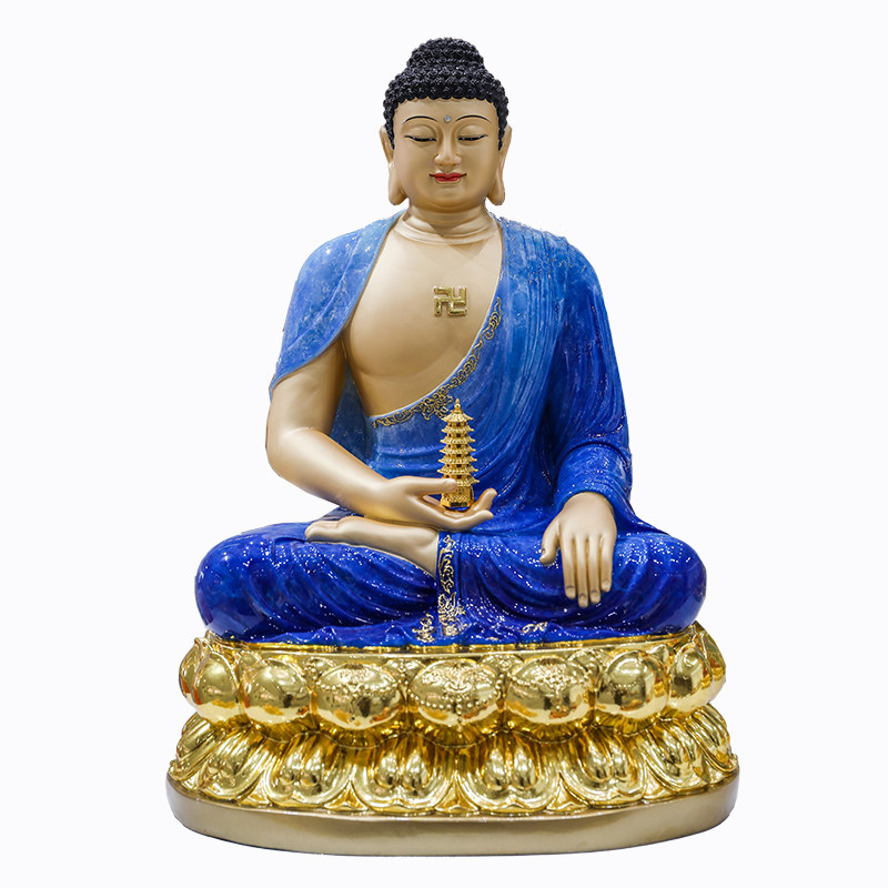 汉白玉叠染彩绘三宝佛像家用摆件