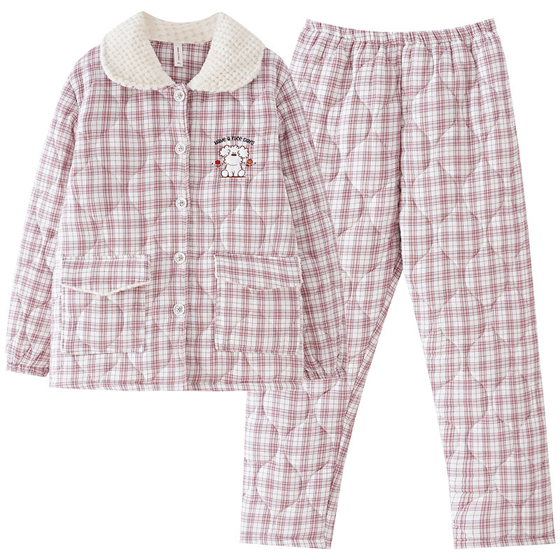 睡衣女士冬季三层加厚加绒纯棉夹棉袄秋冬天珊瑚绒超厚大码家居服