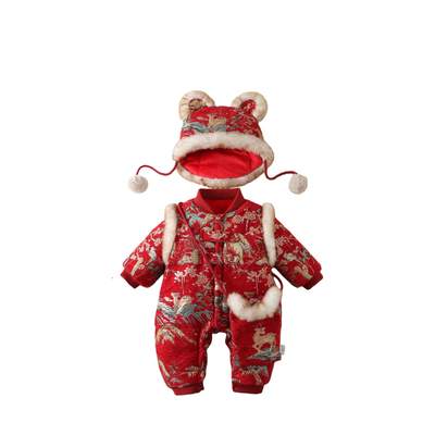 冬季新款婴儿国风爬服加绒连体衣